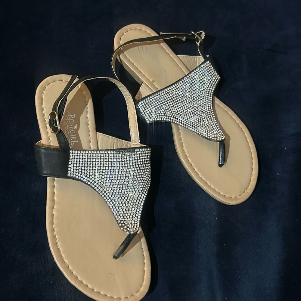 Rose‎ Girl Black Diamond Encrusted Sandal Flats Size 7